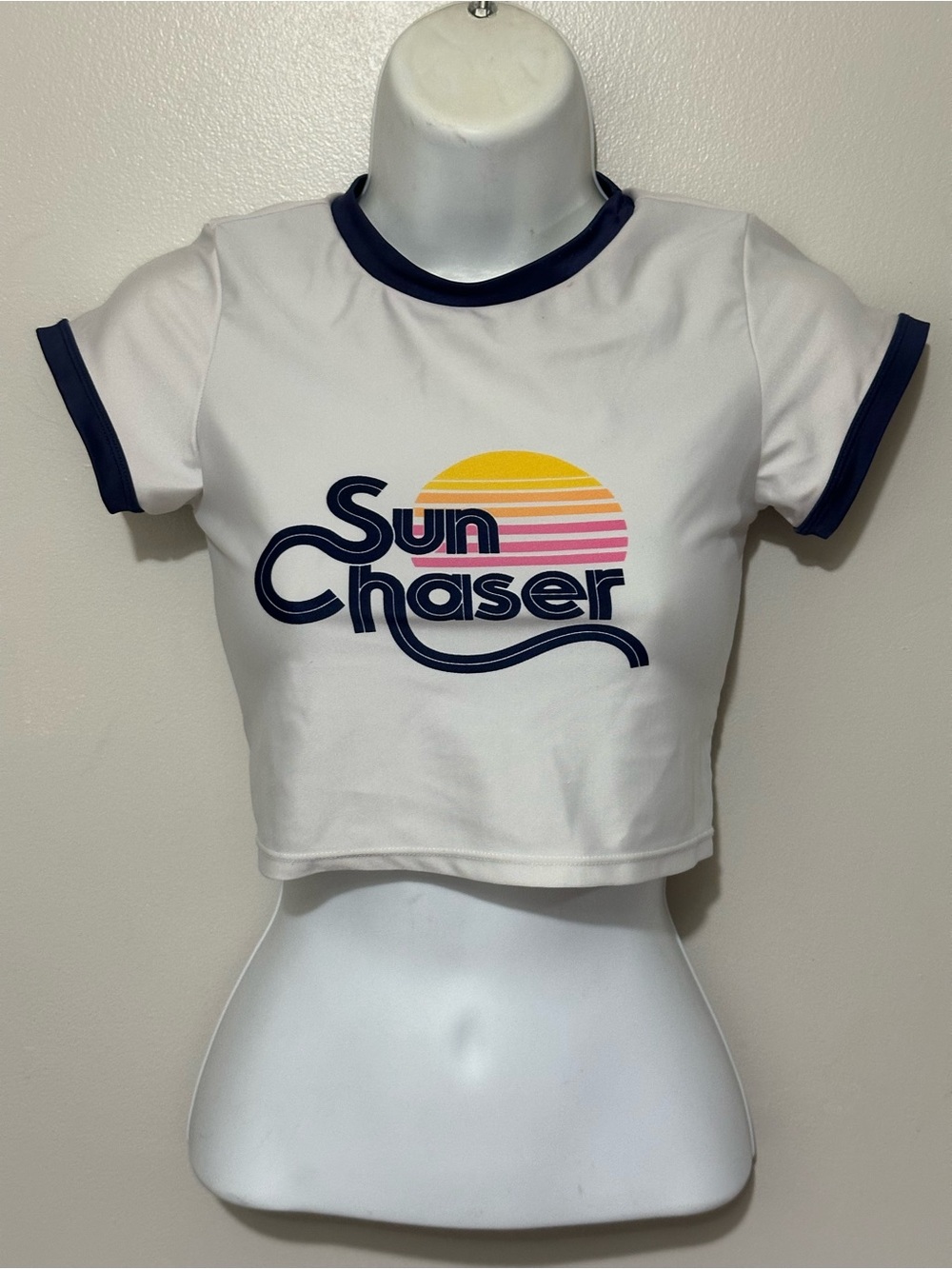art class White Tee with Navy Trim and Sunset Graphic